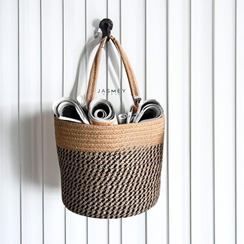 JASMEY HOMES Wall Hanging Jute Basket for Vegetablesnewspaper storage box for homemilk basket for main door hanging from JASMEY HOMES Black - Image 1