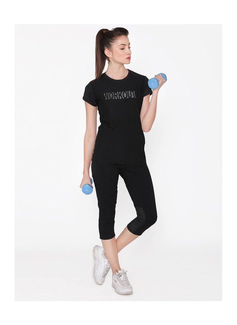 Clovia Comfort Fit Active Text Print T-Shirt in Black  - Image 1