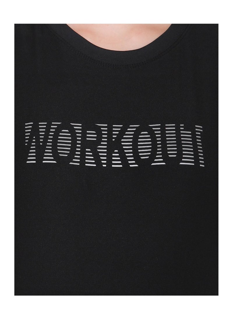 Clovia Comfort Fit Active Text Print T-Shirt in Black  - Image 5
