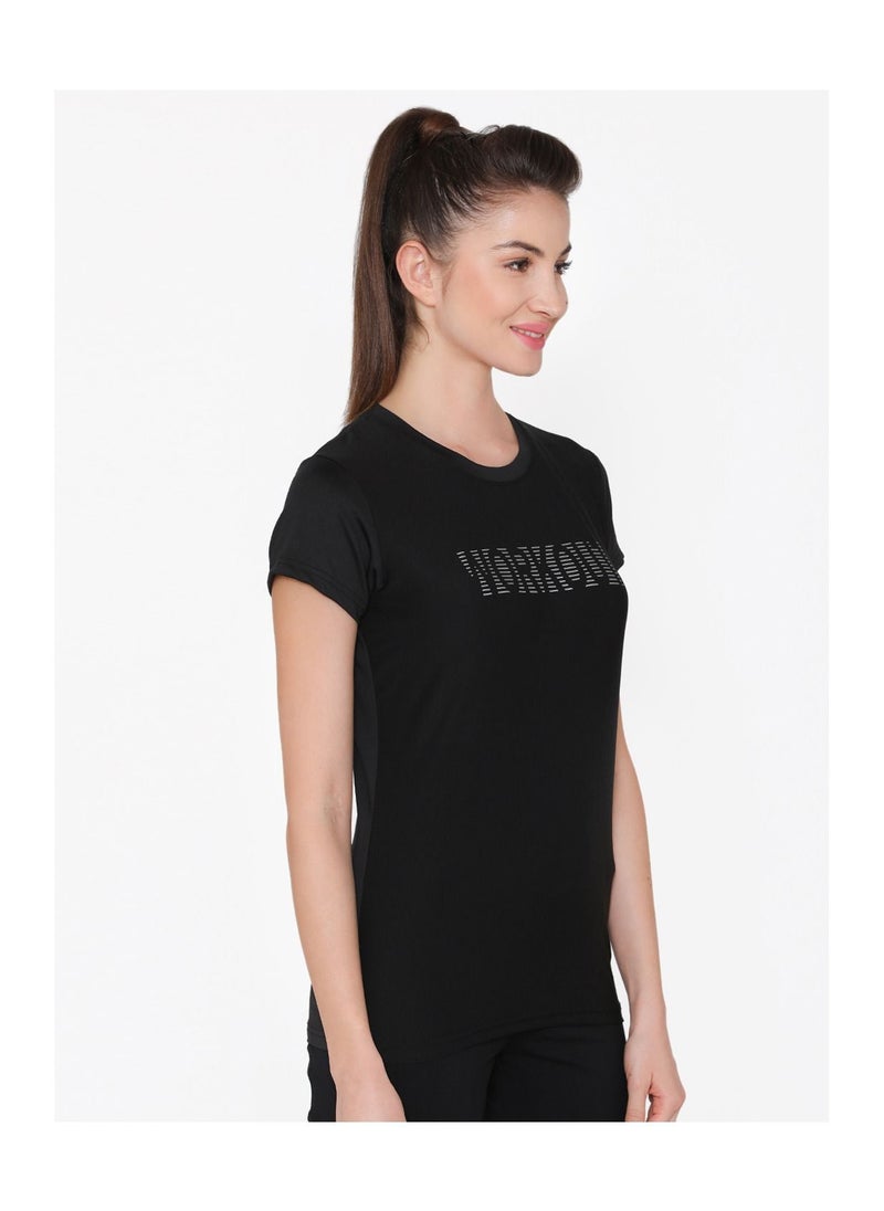 Clovia Comfort Fit Active Text Print T-Shirt in Black  - Image 3