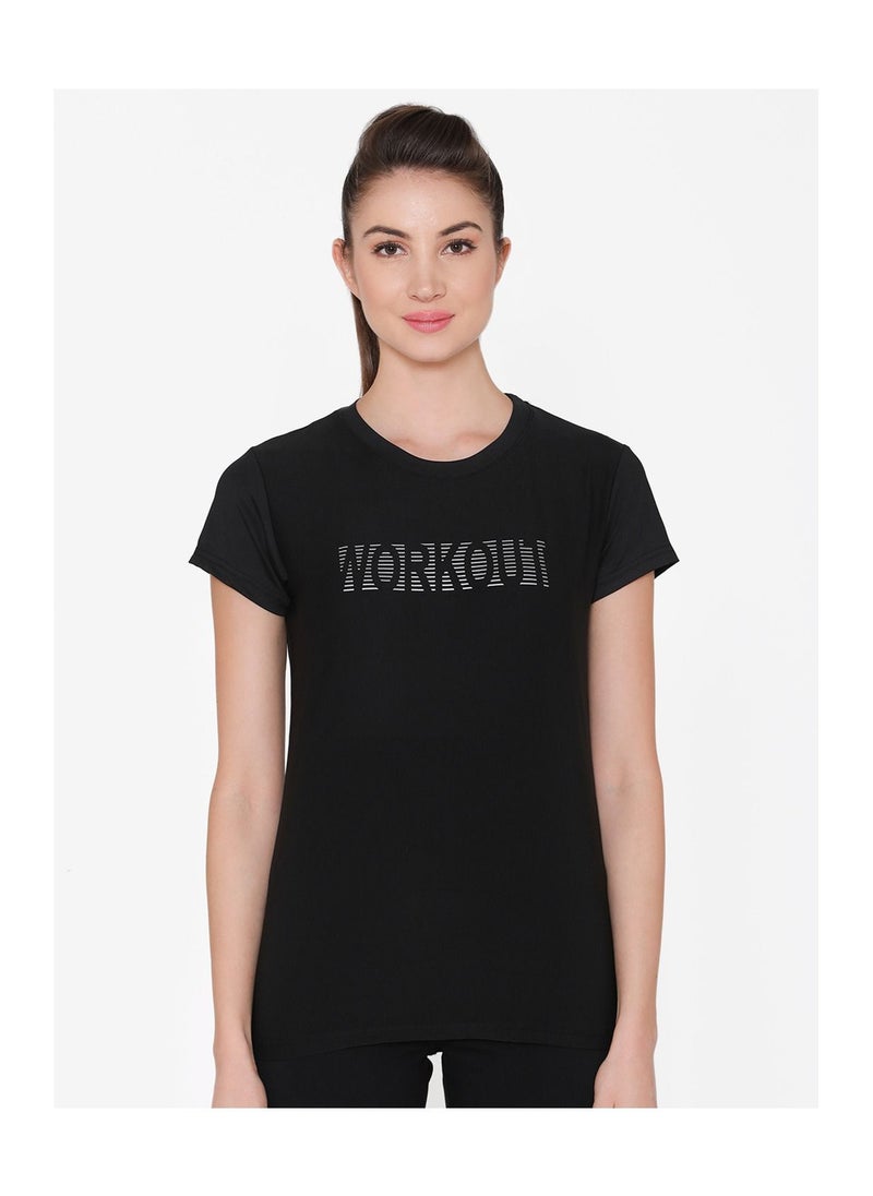 Clovia Comfort Fit Active Text Print T-Shirt in Black  - Image 2