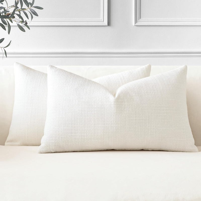 Otostar Pack of 2 Throw Pillow Covers 16x24 Inch Linen Cream Pillowcases Farmhouse Decorative Solid Pillow Covers 40x60 cm Lumbar Cushion Case for Home Decor Sofa Couch Bed (Cream) - Image 1