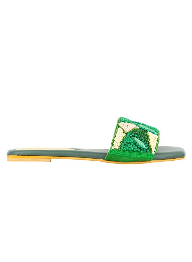 Dollar's Fashion Women's Artisan Beaded Slippers – Geometric Embroidered Slide Sandals, Lightweight Summer Footwear (Green) - Image 3