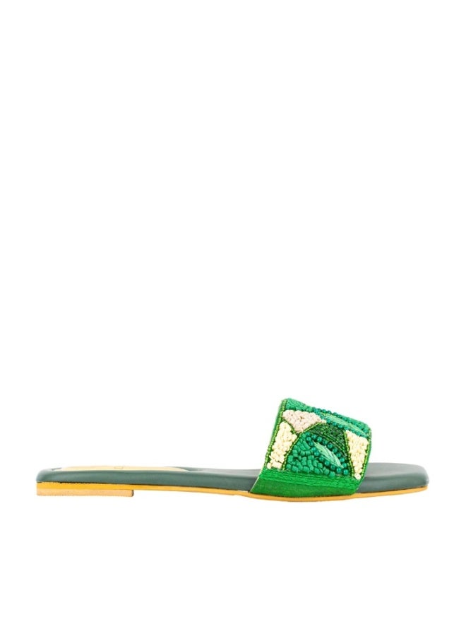 Dollar's Fashion Women's Artisan Beaded Slippers – Geometric Embroidered Slide Sandals, Lightweight Summer Footwear (Green) - Image 1