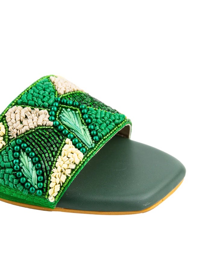 Dollar's Fashion Women's Artisan Beaded Slippers – Geometric Embroidered Slide Sandals, Lightweight Summer Footwear (Green) - Image 2