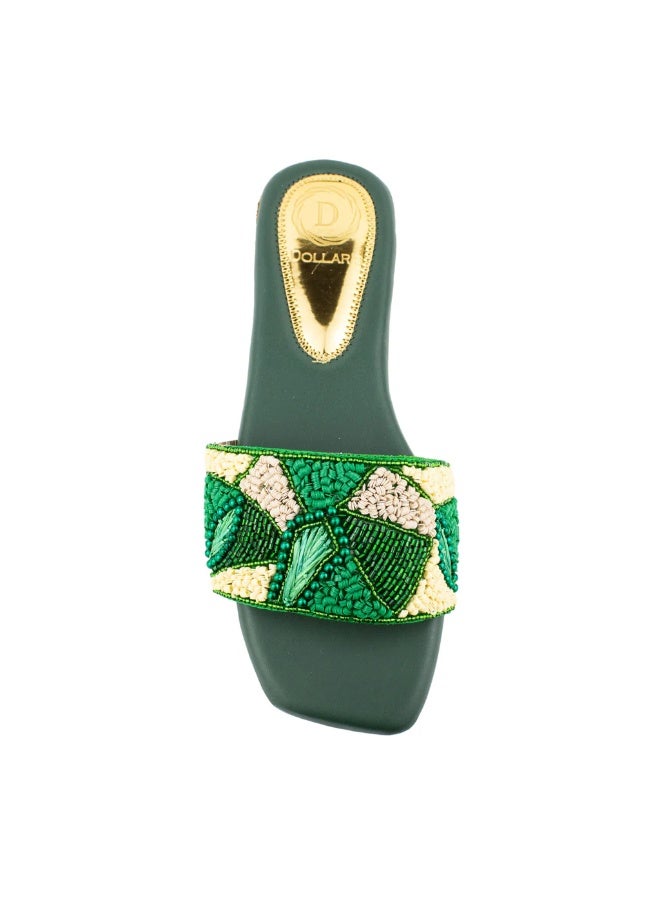 Dollar's Fashion Women's Artisan Beaded Slippers – Geometric Embroidered Slide Sandals, Lightweight Summer Footwear (Green) - Image 4
