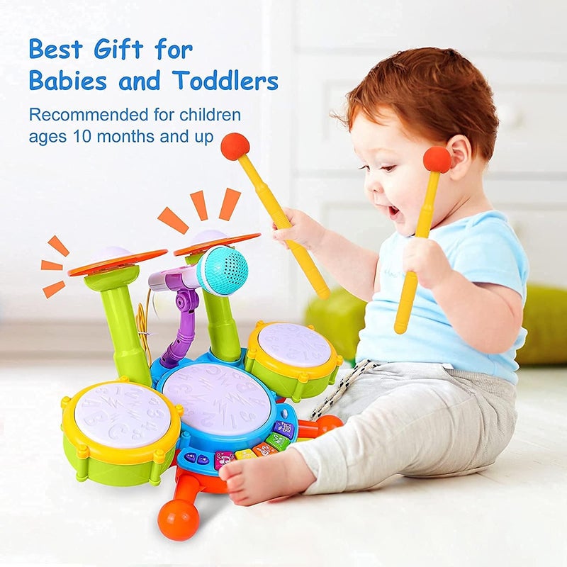 Qwick Click Kids Drum Set, Electric Musical Instruments with Flash Light Toys with 2 Drum Sticks, Beats Flash Light and Adjustable Microphone, for 3-12 Years Old Boys and Girls - Image 2