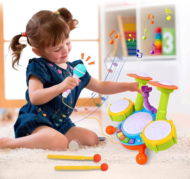 Qwick Click Kids Drum Set, Electric Musical Instruments with Flash Light Toys with 2 Drum Sticks, Beats Flash Light and Adjustable Microphone, for 3-12 Years Old Boys and Girls - Image 4