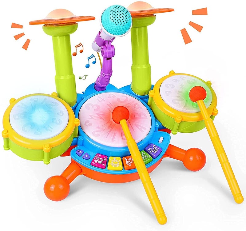 Qwick Click Kids Drum Set, Electric Musical Instruments with Flash Light Toys with 2 Drum Sticks, Beats Flash Light and Adjustable Microphone, for 3-12 Years Old Boys and Girls - Image 1