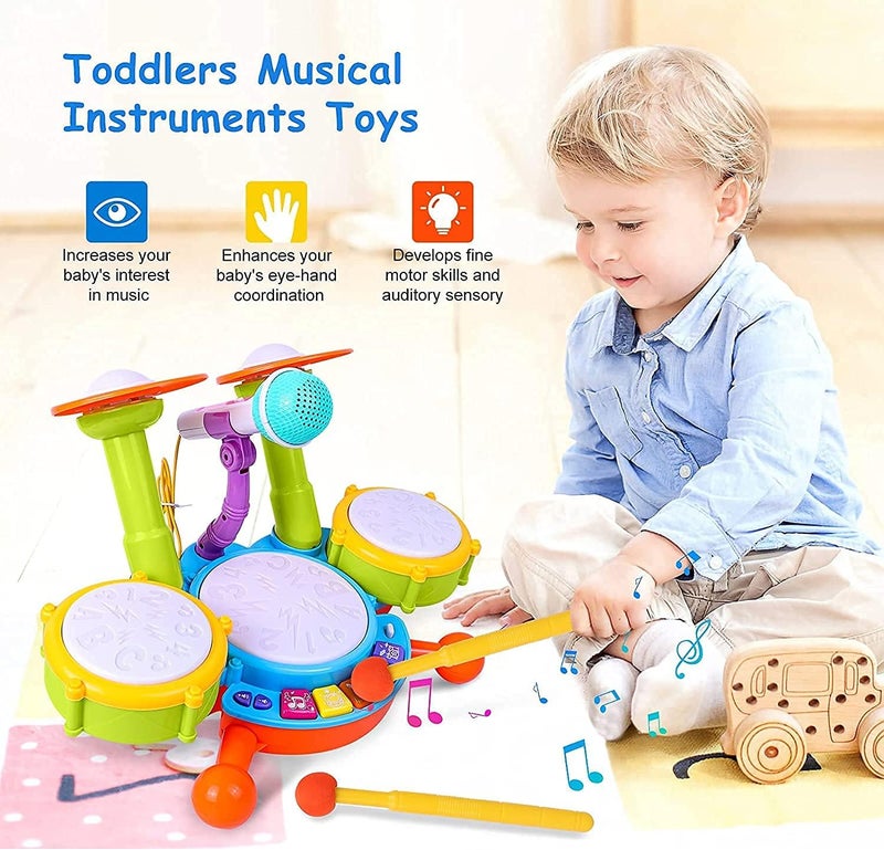 Qwick Click Kids Drum Set, Electric Musical Instruments with Flash Light Toys with 2 Drum Sticks, Beats Flash Light and Adjustable Microphone, for 3-12 Years Old Boys and Girls - Image 3