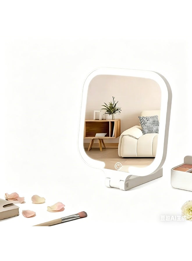 Portable Handheld LED Mirror – 3 Color Light Modes & Adjustable Brightness, Rechargeable 1000mAh, Touch Control, Lightweight Compact Design for Travel, Makeup, Grooming (Milky White) - Image 1