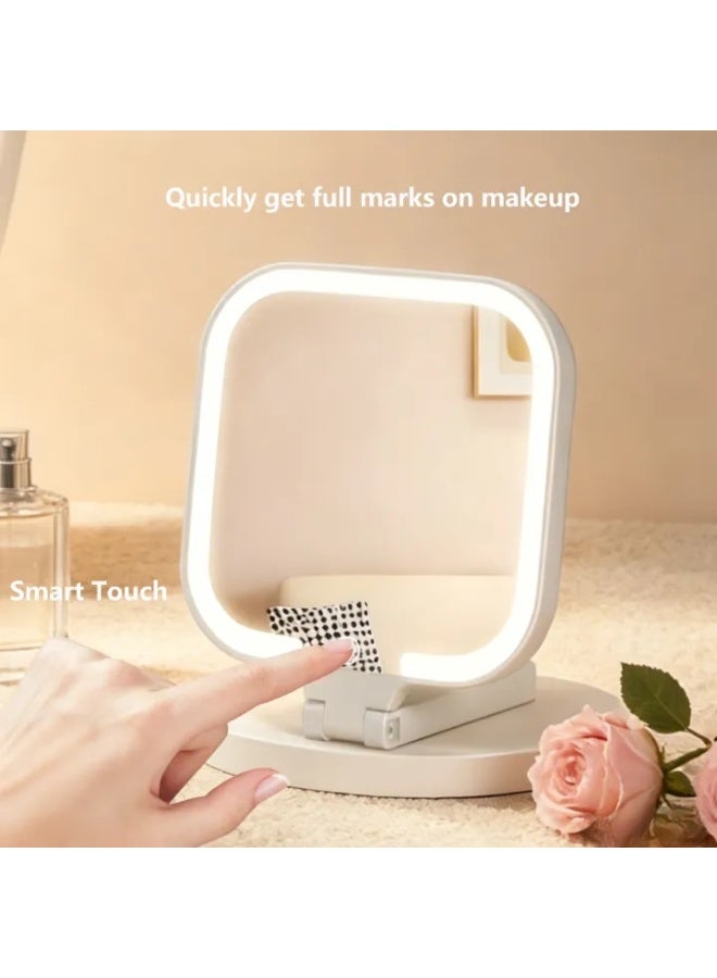 Portable Handheld LED Mirror – 3 Color Light Modes & Adjustable Brightness, Rechargeable 1000mAh, Touch Control, Lightweight Compact Design for Travel, Makeup, Grooming (Milky White) - Image 2