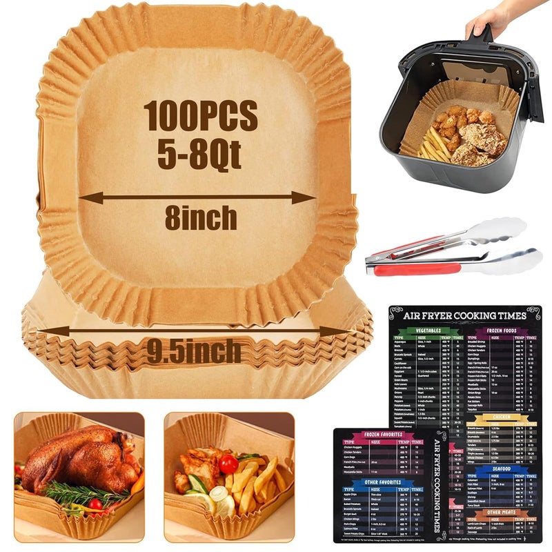 Air Fryer Disposable Paper Liner 100Pcs 8 Inch Square Air Fryer Paper Fits 58 Qt Basket Bleach Free Food Grade Parchment Paper Liners for Air Fryer and Baking Cooking Oilproof NonStick