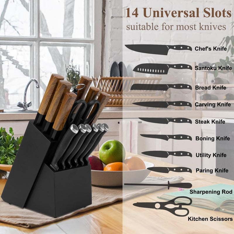 RedCall Universal Knife Block Holder,Large Wood Bamboo Knife Block without Knives,14 Slot Universal Knife Holder Countertop,Butcher Block Knife Storage Organizer for Kitchen (Black) - Image 2