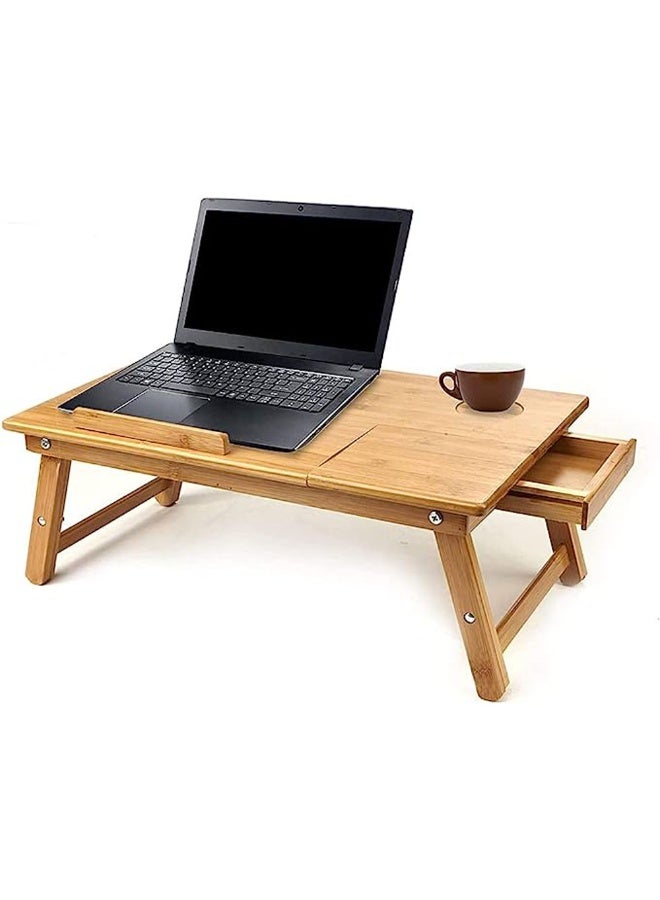 HOME TASTE طاولة لابتوب متعددة الاستخدامات من الخيزران الفاخر قابلة للطي وقابلة للتعديل مع درج جانبي ومروحة تبريد - مثالية للسرير أو الأريكة أو تقديم الإفطار - Image 4