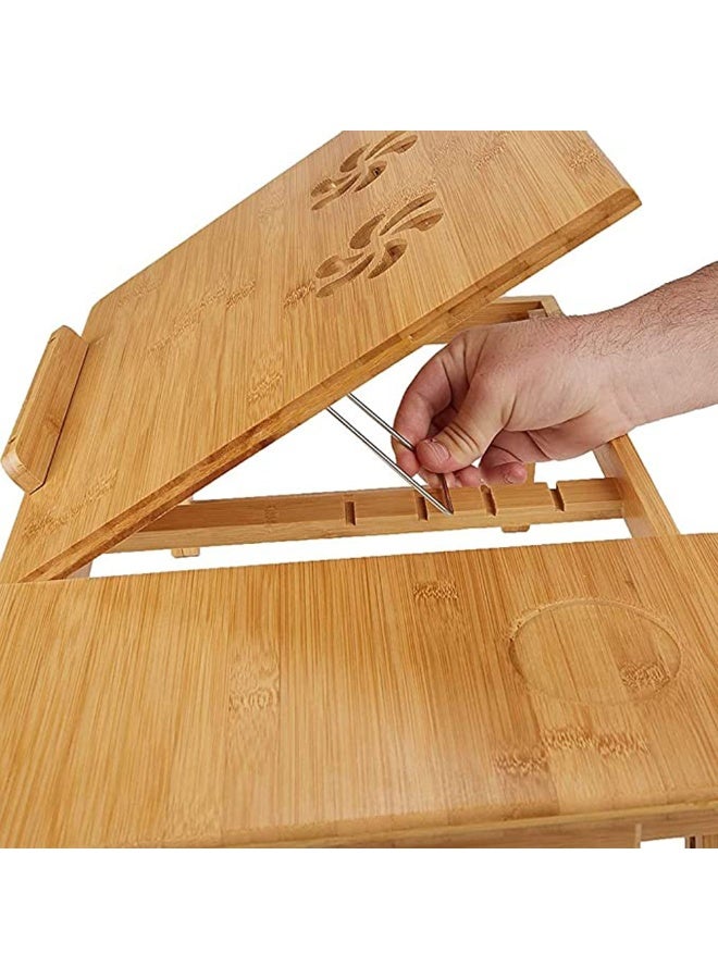 HOME TASTE طاولة لابتوب متعددة الاستخدامات من الخيزران الفاخر قابلة للطي وقابلة للتعديل مع درج جانبي ومروحة تبريد - مثالية للسرير أو الأريكة أو تقديم الإفطار - Image 5