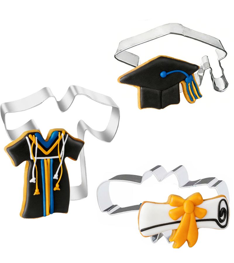 3 Piece Graduation Cookie Cutter Set Cap Gown Diploma Stainless Steel Cake Decoration - Image 1
