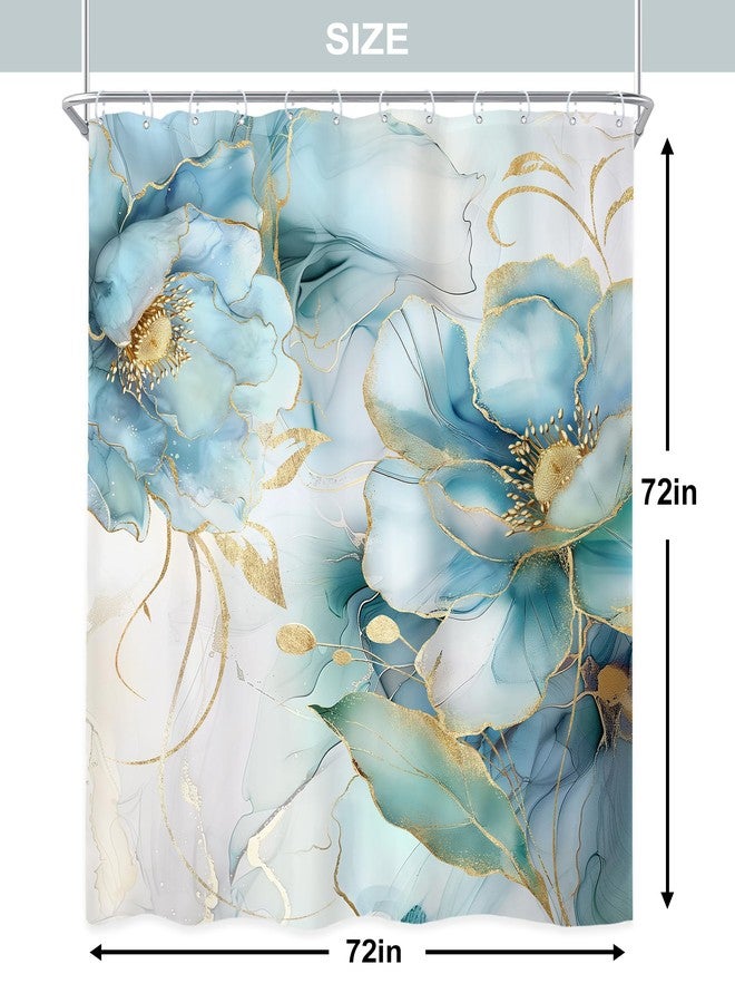 Newsely Marble Blue Ombre Floral Shower Curtain 72Wx72L Inch Teal Turquoise Gold Abstract Flower Luxury Modern Ink Texture Bathroom Set Elegant Girl Waterproof Bath Decoration Accessories Home Decor - Image 5