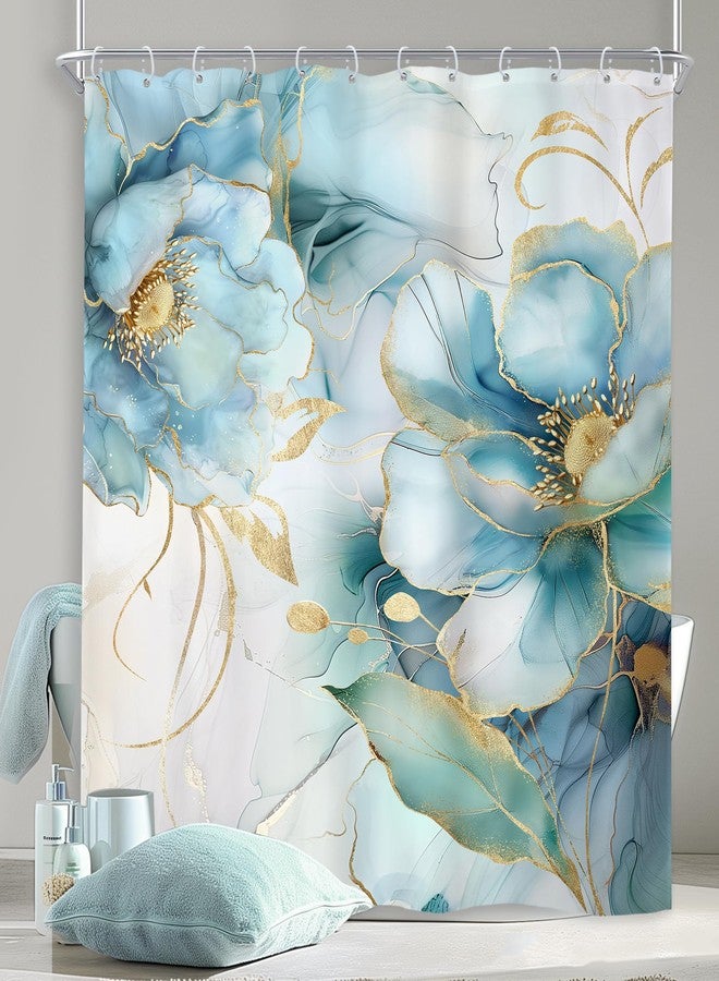 Newsely Marble Blue Ombre Floral Shower Curtain 72Wx72L Inch Teal Turquoise Gold Abstract Flower Luxury Modern Ink Texture Bathroom Set Elegant Girl Waterproof Bath Decoration Accessories Home Decor - Image 2