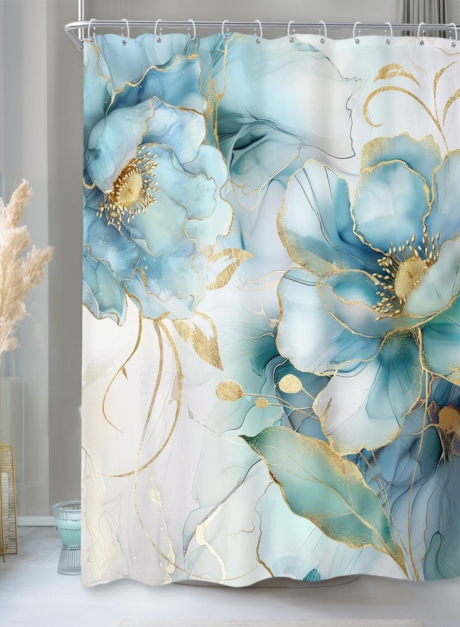 Newsely Marble Blue Ombre Floral Shower Curtain 72Wx72L Inch Teal Turquoise Gold Abstract Flower Luxury Modern Ink Texture Bathroom Set Elegant Girl Waterproof Bath Decoration Accessories Home Decor - Image 1