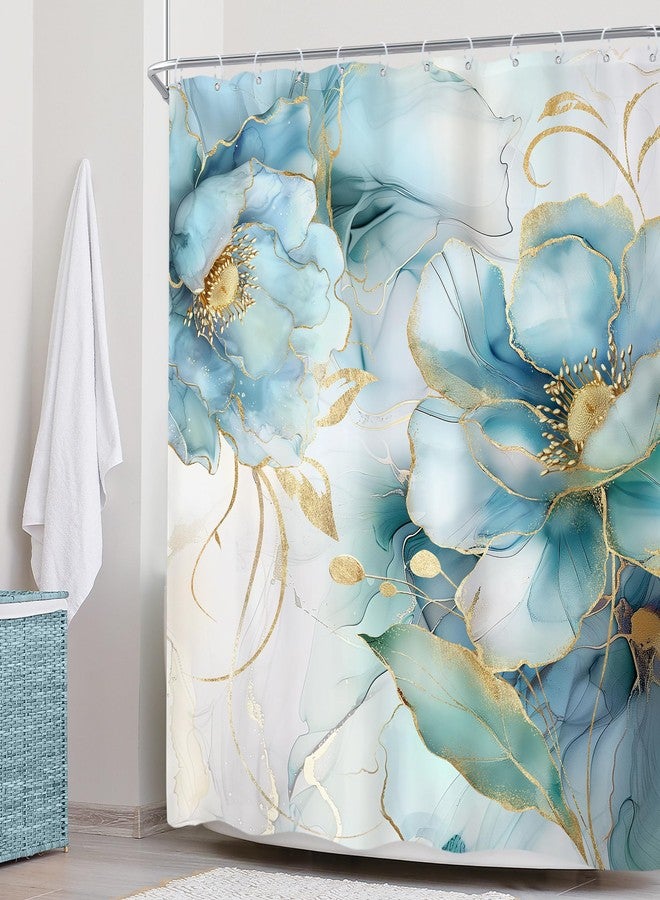 Newsely Marble Blue Ombre Floral Shower Curtain 72Wx72L Inch Teal Turquoise Gold Abstract Flower Luxury Modern Ink Texture Bathroom Set Elegant Girl Waterproof Bath Decoration Accessories Home Decor - Image 3
