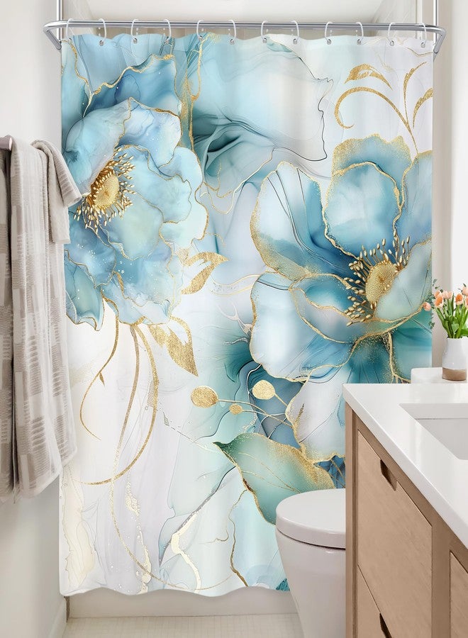 Newsely Marble Blue Ombre Floral Shower Curtain 72Wx72L Inch Teal Turquoise Gold Abstract Flower Luxury Modern Ink Texture Bathroom Set Elegant Girl Waterproof Bath Decoration Accessories Home Decor - Image 4