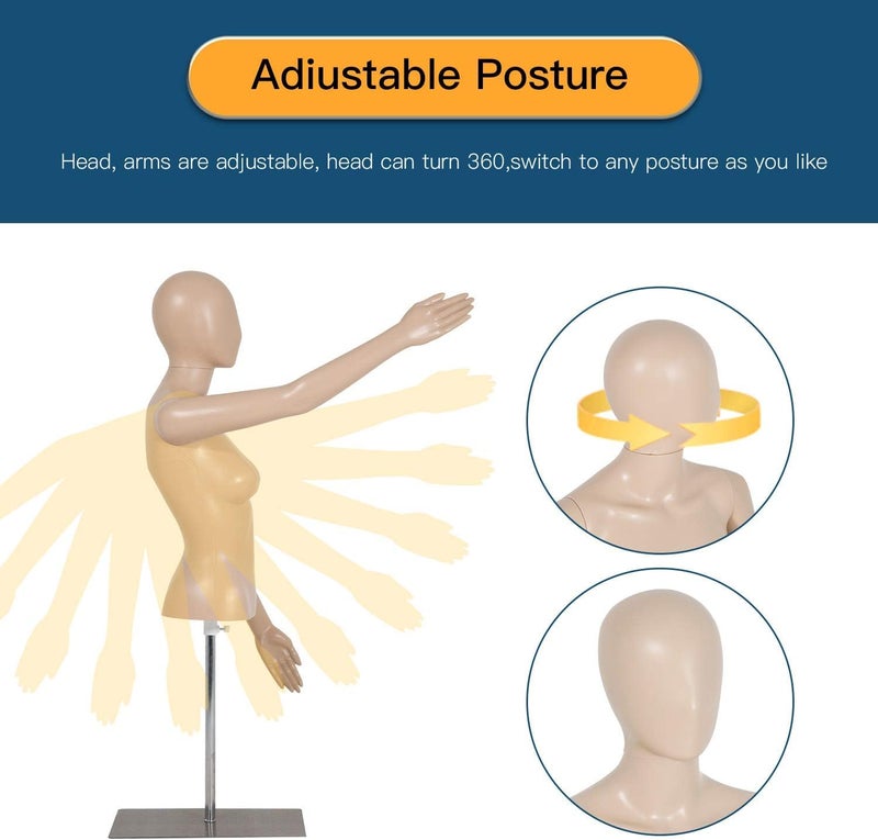 FDW Female/Male Mannequin 39-56/42-59 Inch Height Adjustable Torso Dress Form Sewing Manikin Dress Model Stand Display Head Dress Mannequin Clothing Form Metal Base Stand (39-56Inch) - Image 3