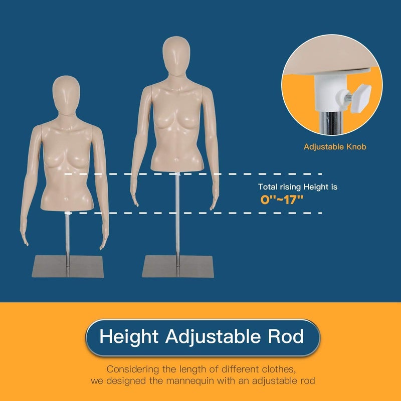 FDW Female/Male Mannequin 39-56/42-59 Inch Height Adjustable Torso Dress Form Sewing Manikin Dress Model Stand Display Head Dress Mannequin Clothing Form Metal Base Stand (39-56Inch) - Image 2
