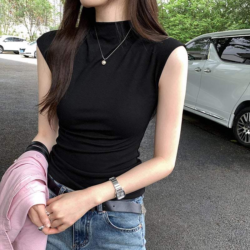 American Style Girl Korean Style Chic Gentle Sleeveless Short-Sleeved T-Shirt Women'S Summer Half-High Collar Top - Image 1