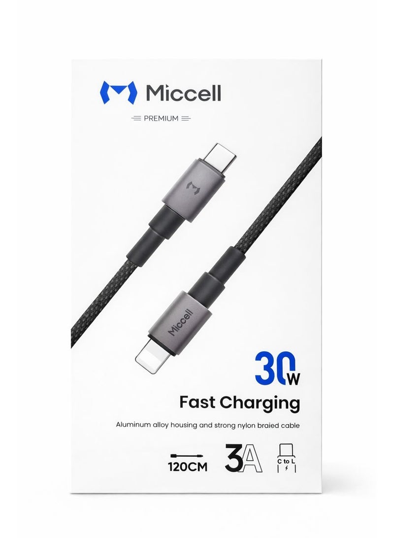 ميكسل كابل شحن سريع ونقل بيانات مايسيل (Miccell) تايب سي إلى لايتنينج (Type-C to Lightning) للآيفون بقوة 30 واط، 3 أمبير، طول 120 سم، مضفر بالنايلون - رمادي - Image 5