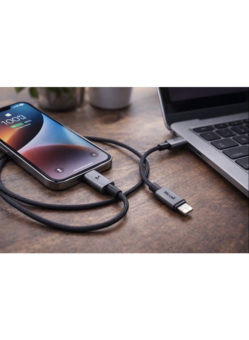 ميكسل كابل شحن سريع ونقل بيانات مايسيل (Miccell) تايب سي إلى لايتنينج (Type-C to Lightning) للآيفون بقوة 30 واط، 3 أمبير، طول 120 سم، مضفر بالنايلون - رمادي - Image 4