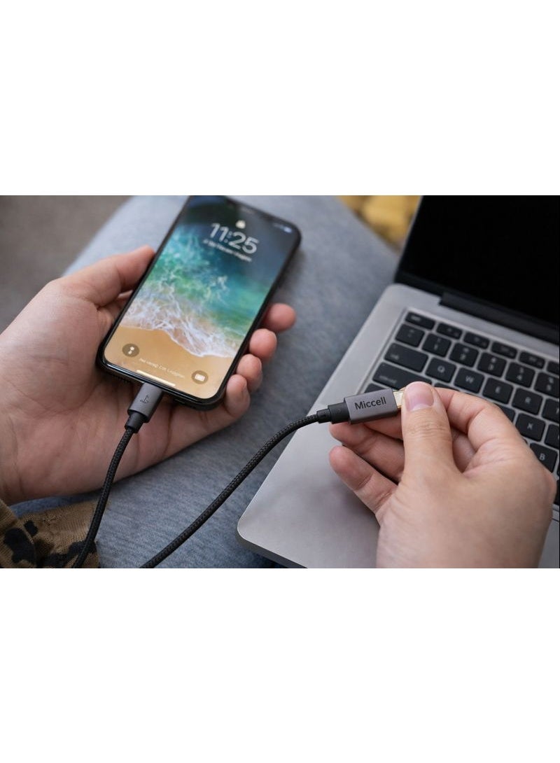 ميكسل كابل شحن سريع ونقل بيانات مايسيل (Miccell) تايب سي إلى لايتنينج (Type-C to Lightning) للآيفون بقوة 30 واط، 3 أمبير، طول 120 سم، مضفر بالنايلون - رمادي - Image 2