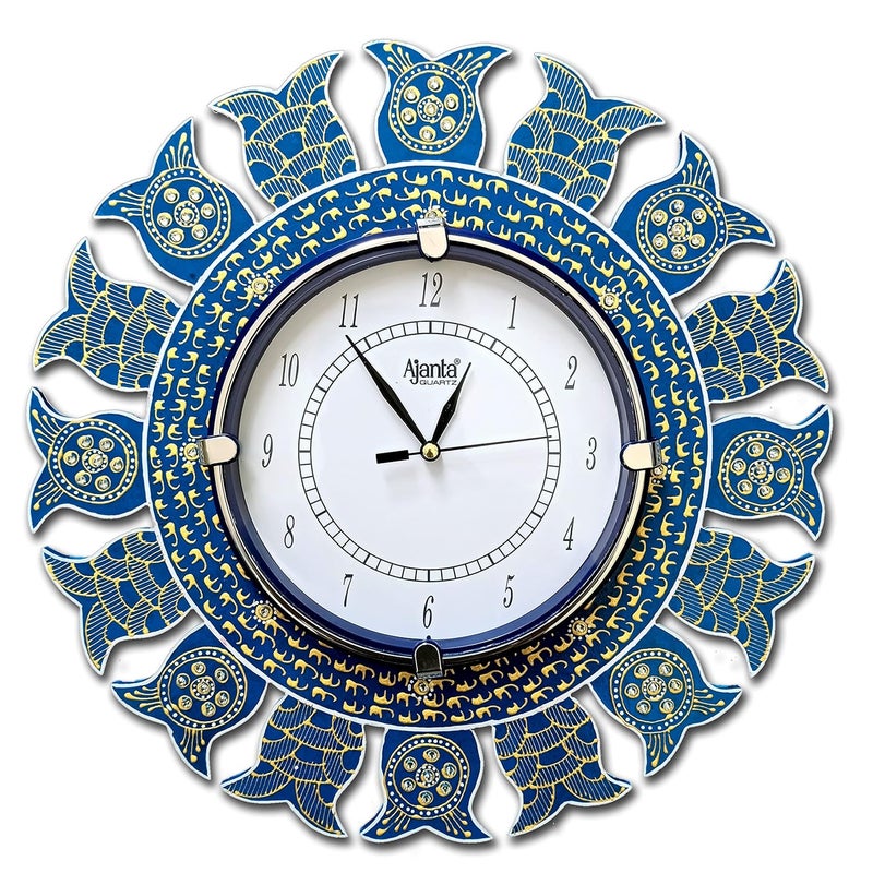 Gorvinu Crafts Gorvinu Crafts 13inch Wooden Handcrafted Vintage Round Wall Clock for Living Room Bedroom Home Decor Decorative in Blue Gold with English Numbers 33cm x 33cm Blue Ring  - Image 1