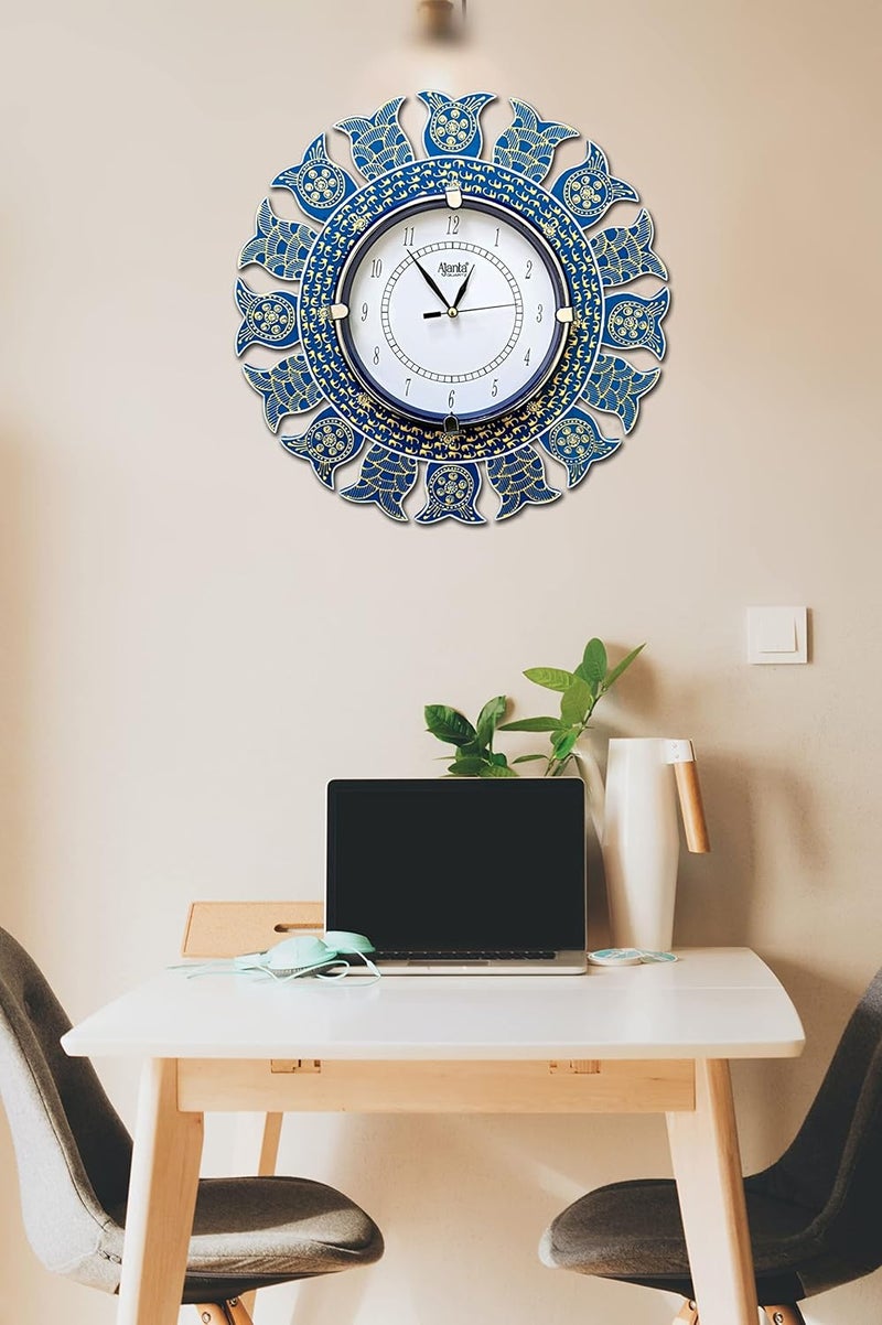 Gorvinu Crafts Gorvinu Crafts 13inch Wooden Handcrafted Vintage Round Wall Clock for Living Room Bedroom Home Decor Decorative in Blue Gold with English Numbers 33cm x 33cm Blue Ring  - Image 4