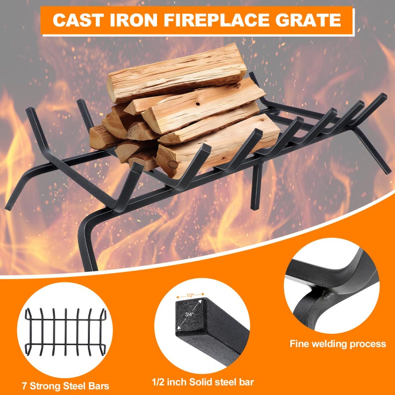 Luoieo Fireplace Grate,Fireplace Log Holder,30 inch Heavy Duty Solid Cast Iron FIrewood Log Burning Rack for Inside The Fireplace Accessories Outood Fire Pit Kindling Fireplace Tools - Image 4