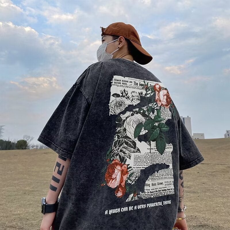 American Vintage Rose Pattern Printed Short-Sleeved T-Shirt For Boys Summer High Street Trendy Loose Half-Sleeve Top - Image 2