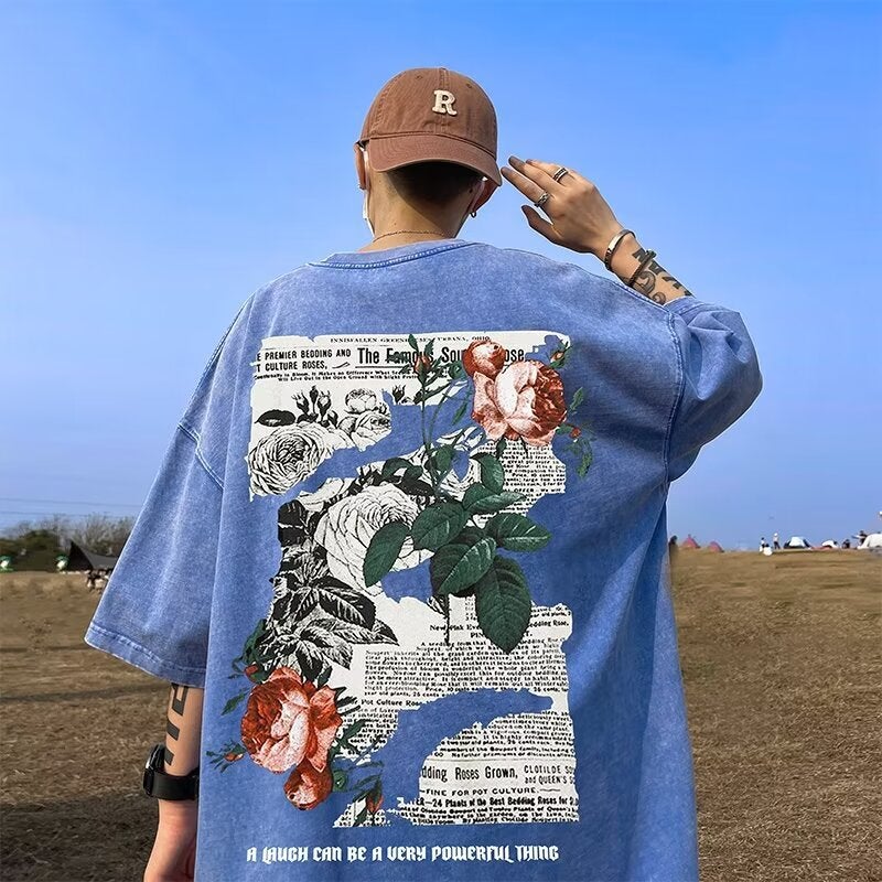 American Vintage Rose Pattern Printed Short-Sleeved T-Shirt For Boys Summer High Street Trendy Loose Half-Sleeve Top - Image 3
