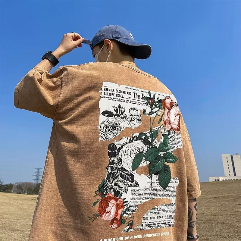 American Vintage Rose Pattern Printed Short-Sleeved T-Shirt For Boys Summer High Street Trendy Loose Half-Sleeve Top - Image 1