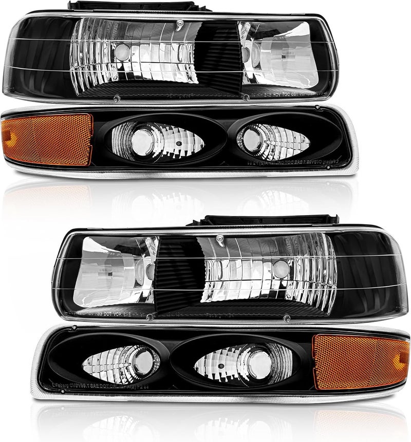 AXLAHA Headlight Assembly for 1999-2006 Chevy Silverado, Tahoe, Suburban - Black Housing with Bumper Light Pair - Image 1
