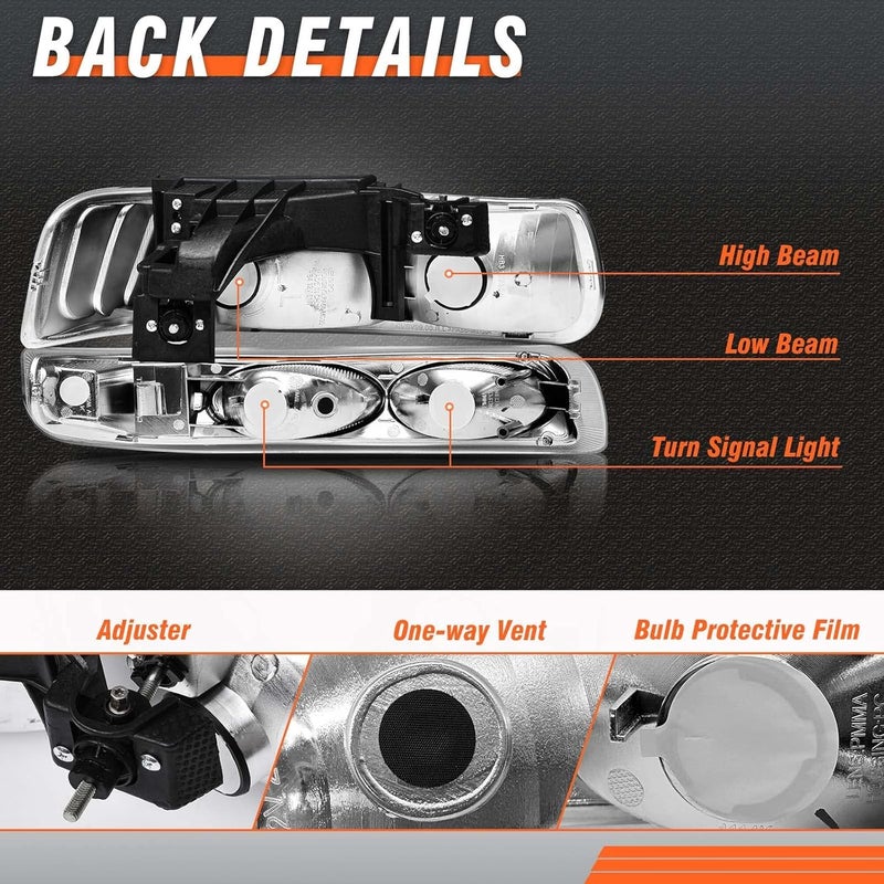 AXLAHA Headlight Assembly for 1999-2006 Chevy Silverado, Tahoe, Suburban - Black Housing with Bumper Light Pair - Image 4