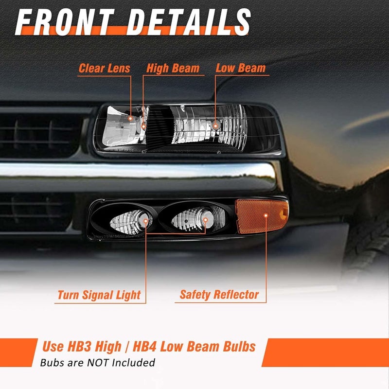 AXLAHA Headlight Assembly for 1999-2006 Chevy Silverado, Tahoe, Suburban - Black Housing with Bumper Light Pair - Image 3