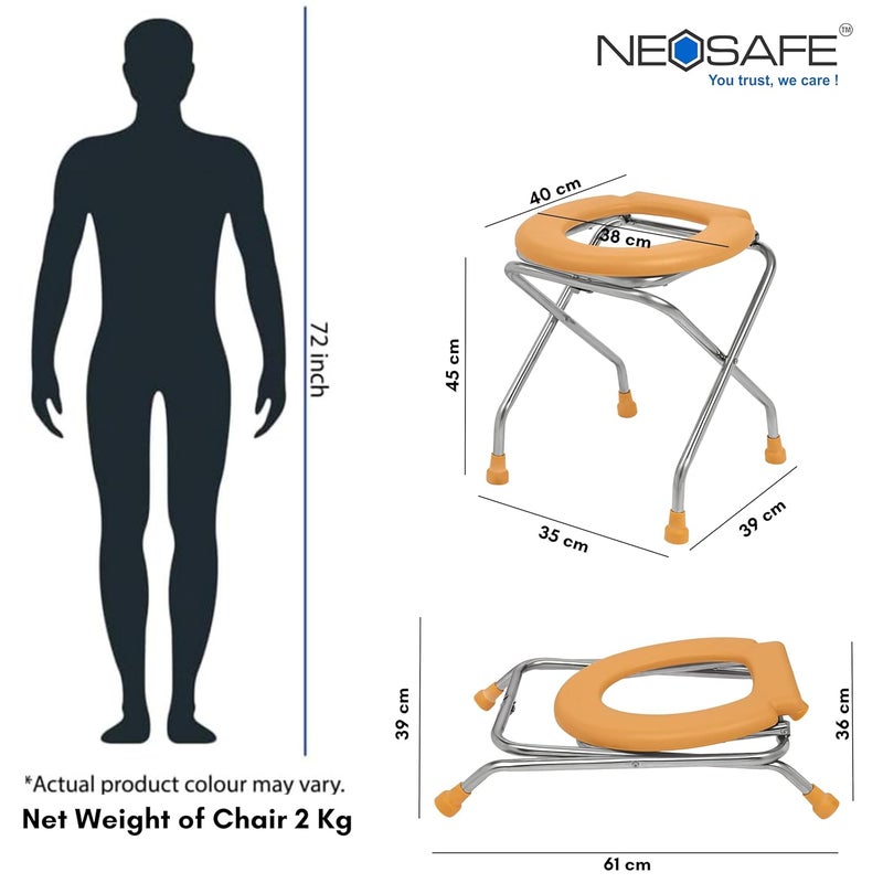 NEOSAFE Stainless Steel Premium Folding Shower Bathing Room Commode Stool Indian Toilet Seat for Elderly Disabled Man and Pregant Women Support Safe Chair Anti-Slip (Orange) - Image 5