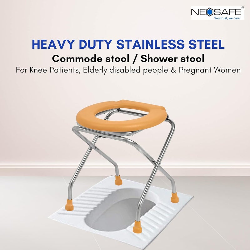 NEOSAFE Stainless Steel Premium Folding Shower Bathing Room Commode Stool Indian Toilet Seat for Elderly Disabled Man and Pregant Women Support Safe Chair Anti-Slip (Orange) - Image 2