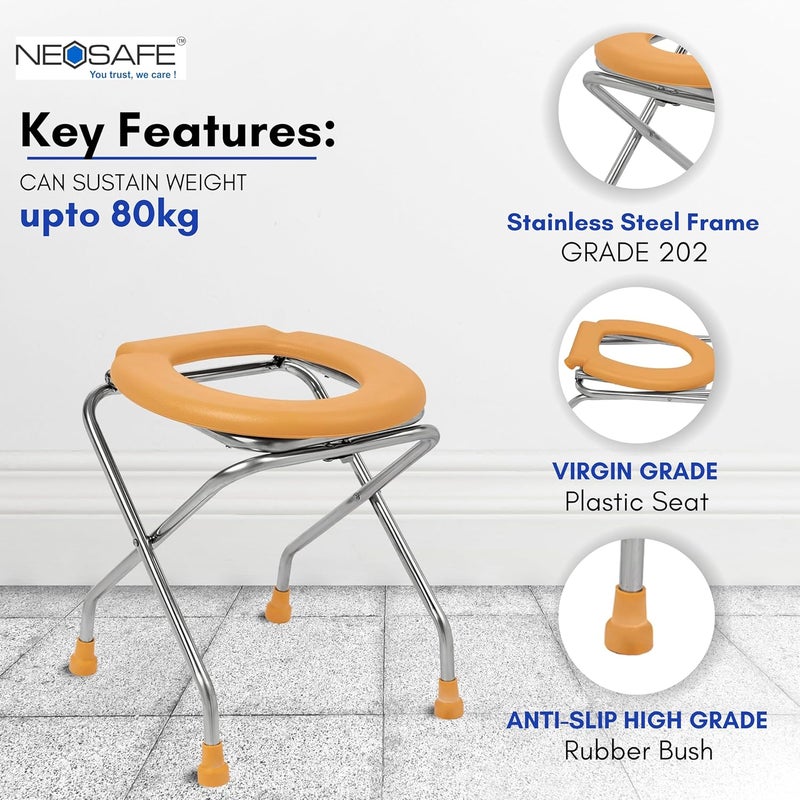 NEOSAFE Stainless Steel Premium Folding Shower Bathing Room Commode Stool Indian Toilet Seat for Elderly Disabled Man and Pregant Women Support Safe Chair Anti-Slip (Orange) - Image 3