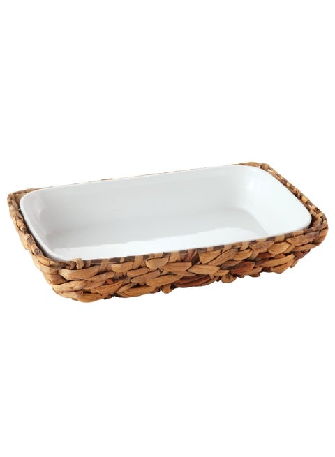 2-Piece Ceramic Rectangular Serving Dish with Rattan Basket White and Brown 41 x 26 x 7.2 cm HB1045-PL