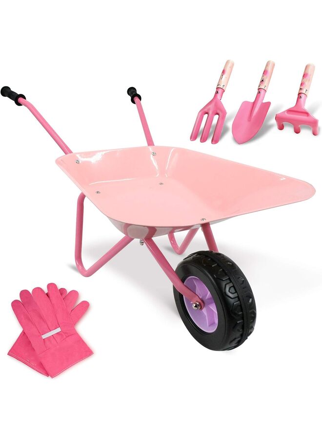 Kids Wheelbarrow Set Metal, Child Wheel Barrel Pink Easy to Assemble and Kids Gardening Tools Kit - Image 1