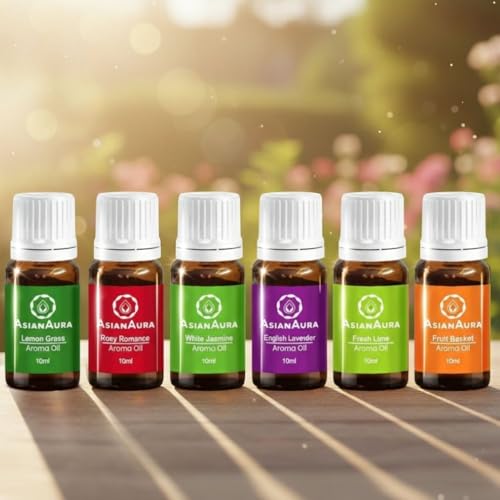 ASIAN AURA Aroma Diffuser Oil Set – English Lavender, Rosy Romance, Fruit Basket, Fresh Lime, White Jasmine & Lemongrass | Pack of 6 Glass Bottles (10ml Each) | Fragrance Oils for Diffuser, Candle Making, Home, Office & Spa | Total 60ml - Image 1