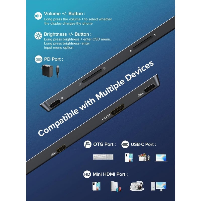 Portable 120Hz touchscreen monitor for gaming and laptops: FHD 1080P IPS display, 10800mAh battery, HDMI USB-C connectivity, black aluminum alloy housing, ultra-slim design - Image 5