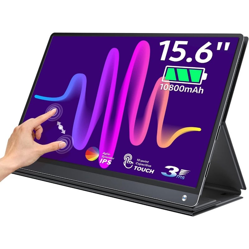Portable 120Hz touchscreen monitor for gaming and laptops: FHD 1080P IPS display, 10800mAh battery, HDMI USB-C connectivity, black aluminum alloy housing, ultra-slim design - Image 1