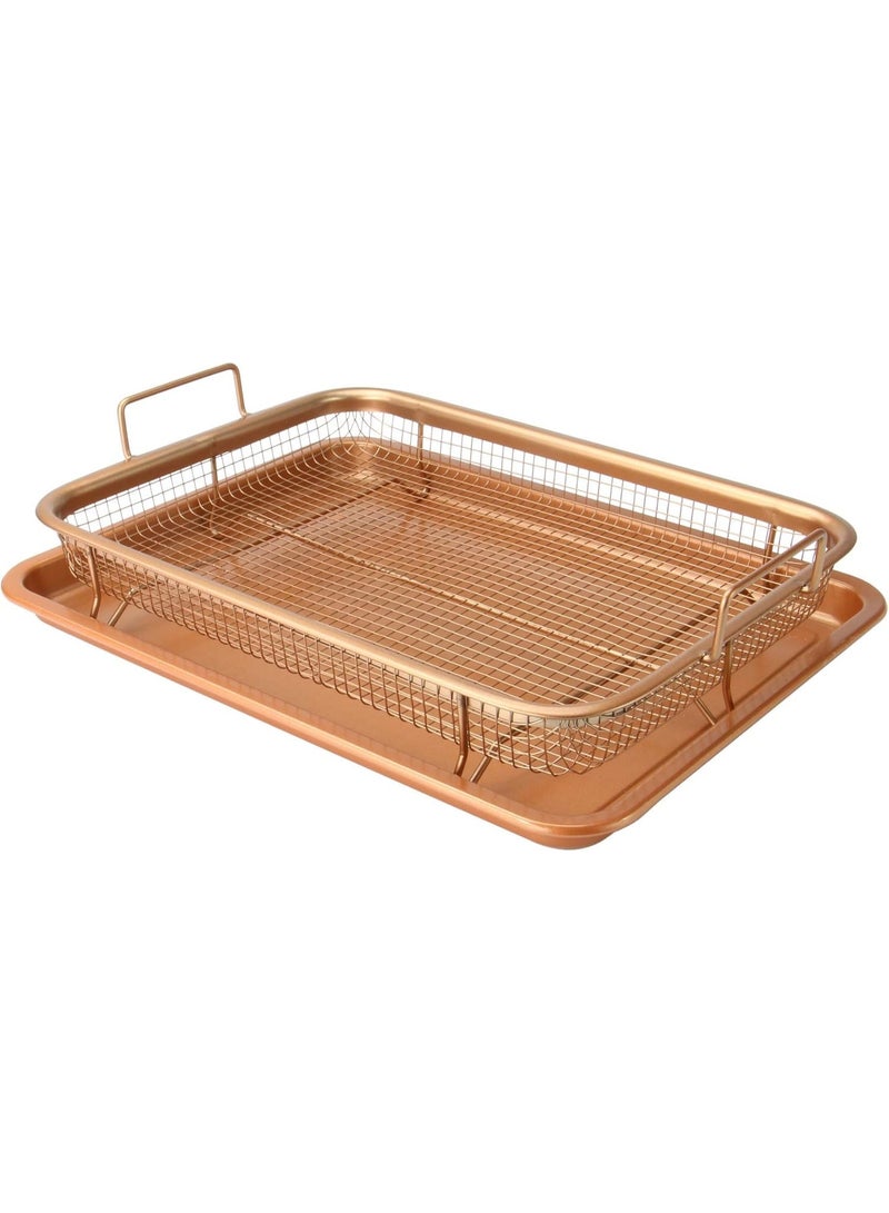Non-Stick Oven Crisper with Raised Mesh Frying Basket - Rectangular Copper Mesh Roasting and Baking Tray Non-Stick Raised Roasting Basket, 2-Piece Detachable Oven Roasting Set - Roasting Tray with Fat Drainer - 2-in-1 Roasting and Oil Draining Tray - Image 2